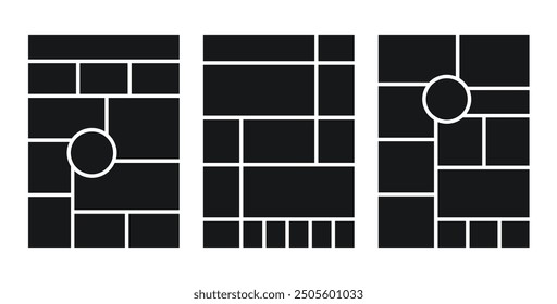 Collage template. Moodboard layout. Mood board background. Mosaic pictures album grid. Scrapbook images. Vertical poster designs.  Set photo frames. Vector illustration. Portrait orientation