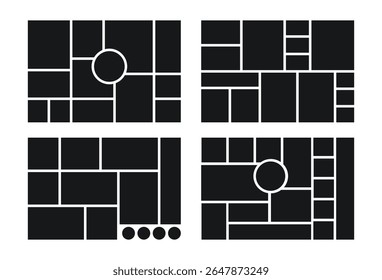Collage template. Moodboard layout. Mood board background. Mosaic pictures album grid. Scrapbook images. Set photo frames. Horizontal poster design. Vector illustration. Landscape orientation