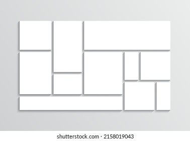 Collage template. Mosaic pictures frame. Mood board grid. Photo moodboard layout. Gallery banner. Album brandboard. Organised portfolio. White images isolated on gray background. Vector illustration