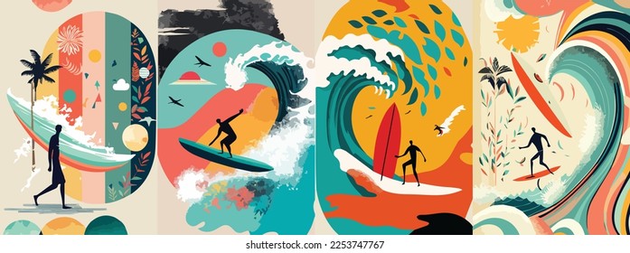 Collage Template of Vector Art of surf en la playa de verano. Ilustración Gráfica de Afiche y Portada Moderna