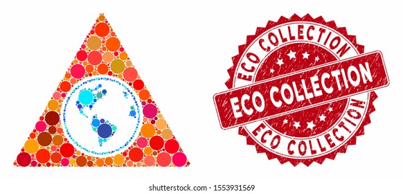 Collage terra triangle and rubber stamp watermark with Eco Collection phrase. Mosaic vector is designed with terra triangle icon and with random circle items. Eco Collection stamp uses red color,