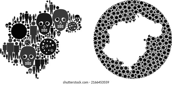 Collage Teruel Province map composed of covid-2019 icons and humans and skull icons. Infection virus Teruel Province map collage composed with sphere and carved shape.