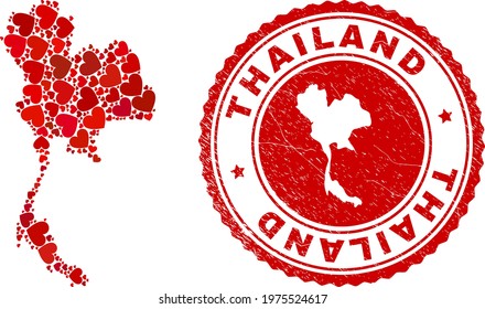 Collage Thailand map designed with red love hearts, and unclean seal. Vector lovely round red rubber seal imprint with Thailand map inside.