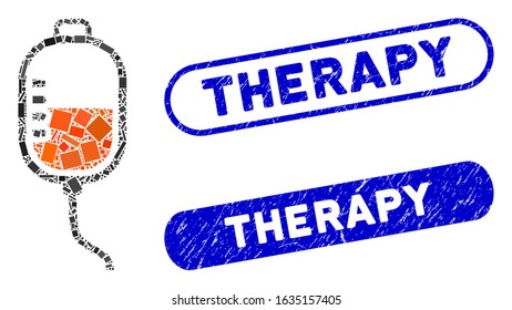 Collage therapy dropper and distressed stamp seals with Therapy phrase. Mosaic vector therapy dropper is designed with random rectangles. Therapy stamp seals use blue color,