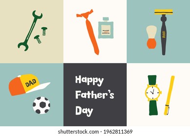 Collage of things related to men. Happy Father's Day banner