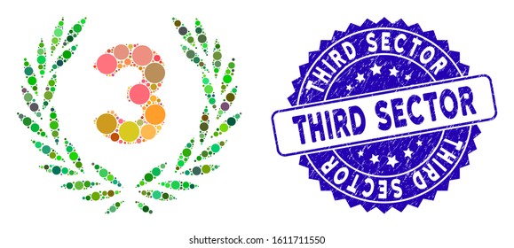 Collage third laurel wreath icon and grunge stamp seal with Third Sector phrase. Mosaic vector is created from third laurel wreath icon and with randomized spheric items.