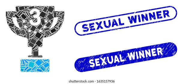 Collage third prize cup and corroded stamp seals with Sexual Winner text. Mosaic vector third prize cup is created with randomized rectangle items. Sexual Winner stamp seals use blue color,