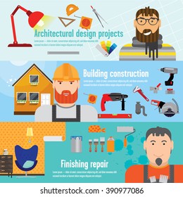 Collage of three colourful pictures - architectural design project, building construction and finishing repair. We can see a man with beard on every picture: architector, builder and painter.
