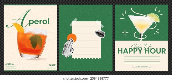 A collage of three drink-themed posters. The first features an Aperol cocktail with mint leaves, the second has a blank note with decorative elements, and the third showcases a martini with a lime