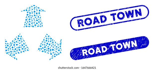 Collage three road directions and grunge stamp seals with Road Town phrase. Mosaic vector three road directions is created with scattered oval items. Road Town stamp seals use blue color,