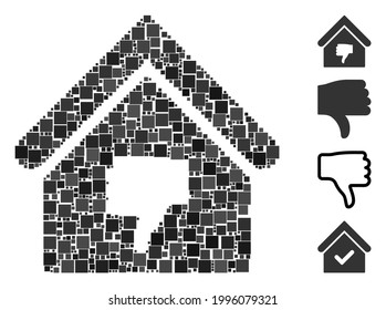 Collage Thumb down building icon united from square items in various sizes and color hues. Vector square items are grouped into abstract composition thumb down building icon.