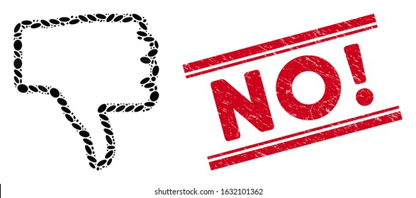 Collage thumb down icon and distressed stamp seal with red No! caption between double parallel lines. Mosaic vector is formed with thumb down icon and with randomized ellipse spots.