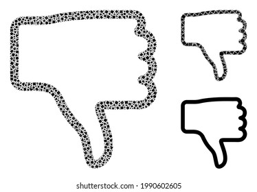 Collage Thumb down icon organized from abrupt spots in different sizes, positions and proportions. Vector inequal parts are organized into abstract collage thumb down icon.