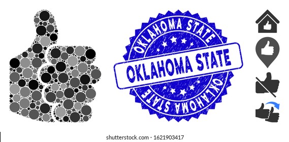 Collage thumb up icon and grunge stamp seal with Oklahoma State text. Mosaic vector is designed with thumb up icon and with random circle spots. Oklahoma State stamp seal uses blue color,