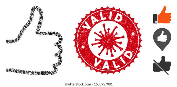 Collage thumb up icon and red rounded distressed stamp seal with Valid phrase and coronavirus symbol. Mosaic vector is created with thumb up icon and with scatteredrough items.