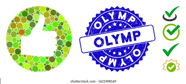 Collage thumb up icon and rubber stamp seal with Olymp phrase. Mosaic vector is composed with thumb up icon and with scattered round items. Olymp stamp seal uses blue color, and dirty design.