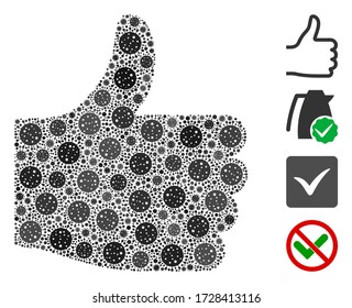 Collage thumb up organized from coronavirus icons in different sizes and color hues. Vector pathogen icons are combined into abstract collage thumb up icon. Some bonus icons are added.