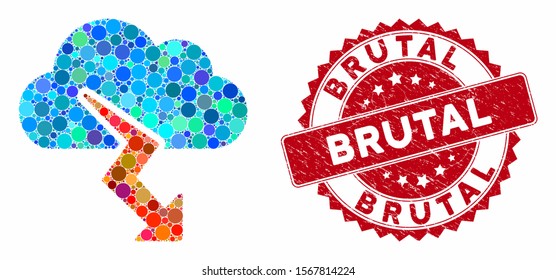 Collage thunderstorm and corroded stamp seal with Brutal text. Mosaic vector is created with thunderstorm icon and with scattered circle items. Brutal stamp seal uses red color, and distress design.