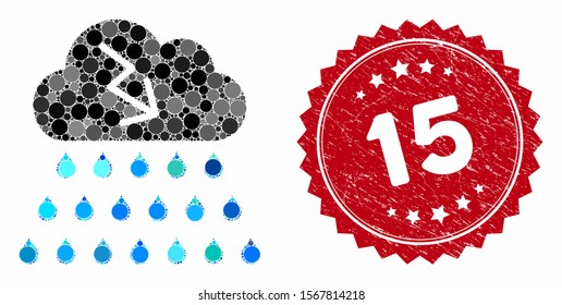 Collage thunderstorm rain cloud and distressed stamp seal with 15 phrase. Mosaic vector is composed with thunderstorm rain cloud icon and with random spheric spots. 15 stamp seal uses red color,