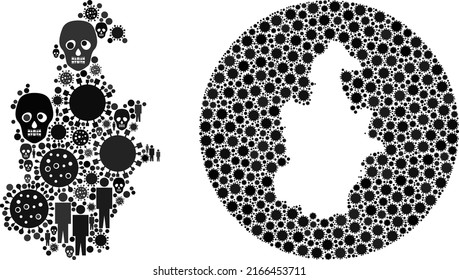 Collage Tianjin City map designed from covid virus items and population and mortal elements. Pandemic virus Tianjin City map collage designed with circle and cut out shape.