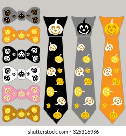 collage ties and the bow tie for Halloween with pumpkin in different colors on a gray background