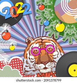 Collage with a tiger as a symbol of the New Year 2022. A colorful composition of many objects. Vector illustration