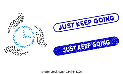 Collage time care and distressed stamp seals with Just Keep Going text. Mosaic vector time care is formed with randomized ellipse spots. Just Keep Going stamp seals use blue color,