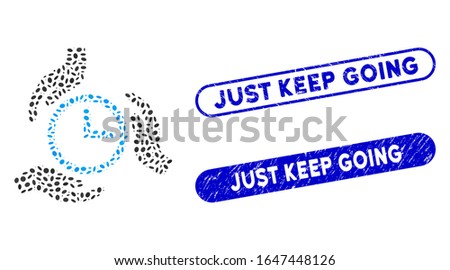 Collage time care and distressed stamp seals with Just Keep Going text. Mosaic vector time care is formed with randomized ellipse spots. Just Keep Going stamp seals use blue color,