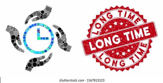 Collage time care and grunge stamp watermark with Long Time phrase. Mosaic vector is composed with time care icon and with randomized circle elements. Long Time seal uses red color, and grunge design.