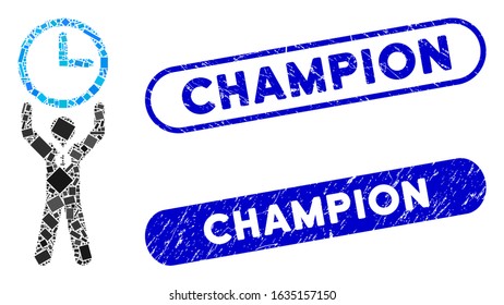 Collage time champion and distressed stamp seals with Champion caption. Mosaic vector time champion is designed with randomized rectangle items. Champion stamp seals use blue color,