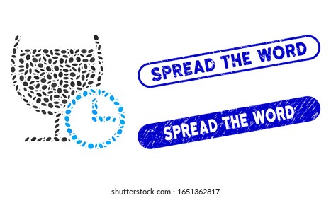 Collage de tiempo para beber y grunge sellos de sello con Spread el texto de la palabra. El tiempo vectorial mosaico para beber se forma con elementos elípticos dispersos. Difundir los sellos de sello de Word con color azul,