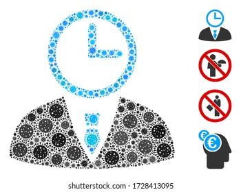 Collage time manager designed from coronavirus elements in random sizes and color hues. Vector viral icons are composed into abstract illustration time manager icon. Some bonus icons are added.