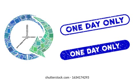 Collage time schedule and distressed stamp seals with One Day Only phrase. Mosaic vector time schedule is designed with randomized rectangle items. One Day Only stamp seals use blue color,