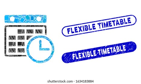 Collage timetable and grunge stamp seals with Flexible Timetable caption. Mosaic vector timetable is created with scattered rectangle items. Flexible Timetable stamp seals use blue color,