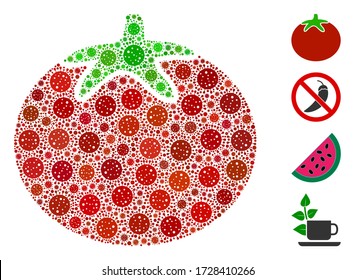 Collage tomato vegetable organized from covid-2019 virus icons in variable sizes and color hues. Vector viral elements are organized into abstract collage tomato vegetable icon.