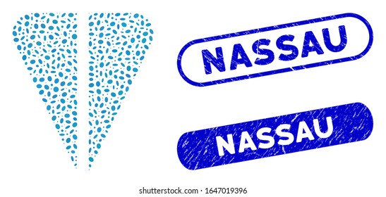 Collage ton currency and corroded stamp seals with Nassau text. Mosaic vector ton currency is formed with scattered ellipse parts. Nassau stamp seals use blue color, and have round rectangle shape.