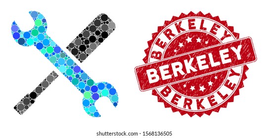 Collage tools and corroded stamp seal with Berkeley text. Mosaic vector is formed with tools icon and with scattered spheric spots. Berkeley stamp seal uses red color, and grunged surface.