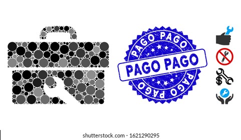 Collage tools icon and distressed stamp seal with Pago text. Mosaic vector is composed with tools icon and with randomized circle elements. Pago stamp seal uses blue color,
