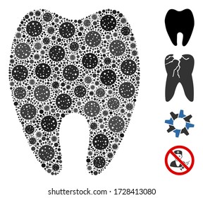 Collage tooth constructed from coronavirus icons in different sizes and color hues. Vector viral icons are arranged into abstract mosaic tooth icon. Some bonus icons are added.