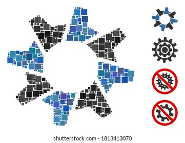 Collage Tooth gear icon composed of square items in variable sizes and color hues. Vector square items are united into abstract collage tooth gear icon. Bonus icons are added.