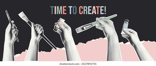 A collage with torn paper of hands holding various art tools like brushes and paints in halftone style. Retro artistic concept promoting creativity and craftsmanship.