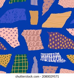 Collage Torn Paper Pieces with Different Hand Draw Textures Seamless Pattern in Contemporary Style. Vector Abstract Blue Background with torn Colourful Paper.