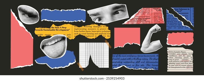 Collage of torn paper scraps and halftone effect. Wrinkled templates. Ragged edges, crumpled paper. Frame, textbox. Retro. Set of sheets of paper. Newspaper. Trendy elements for design. Stickers. Eyes