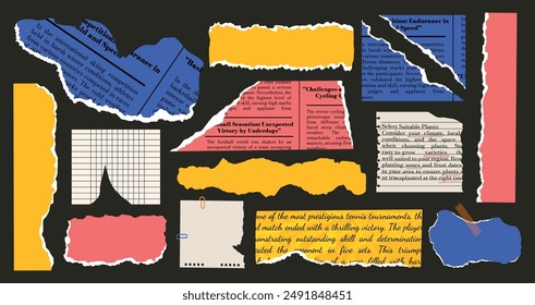 Collage of torn paper scraps. Set of sheets of paper. Vector illustration. Newspaper. Trendy elements for design. Templates. Aged edges, unkempt crumpled paper. Frame, textbox. Retro