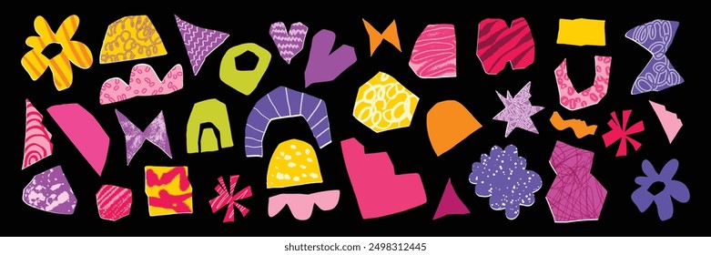 Collage torn paper set, hand drawn colorful cut note vector piece, pencil squiggle, flower, heart. Abstract minimal naive shapes, childish modern pop up geometric craft design. Torn paper school kit