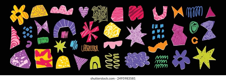 Collage torn paper set, vector colorful cut note piece, hand drawn pencil squiggle, flower, heart. Abstract minimal naive shapes, childish modern pop up geometric craft design. Torn paper school kit