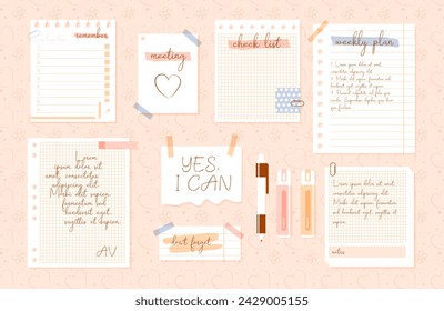 Collage torn paper sheet of notebook, sticky memos, marker and pen. Set vector elements in trendy style. Contemporary illustration.