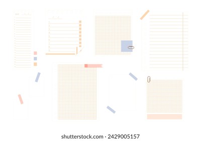 Collage torn paper sheet of notebook, sticky memos. Vector elements in trendy style. Isolated set on transparent background. Contemporary illustration.