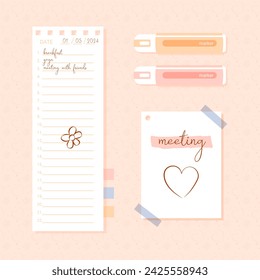 Collage torn paper sheet of notepad, sticky memos, color markers. Vector elements in trendy style. Contemporary illustration.
