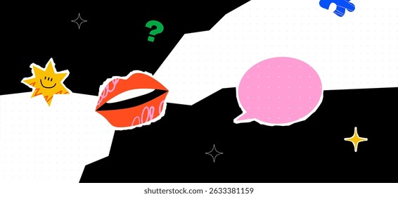 A collage of torn pieces of paper, lips, a speech bubble, stars and a question mark. Bright design and template for various ads and information.